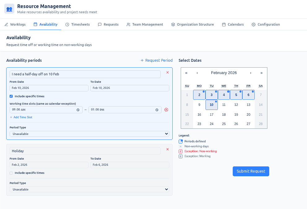 Availability self-service — request and calendar
