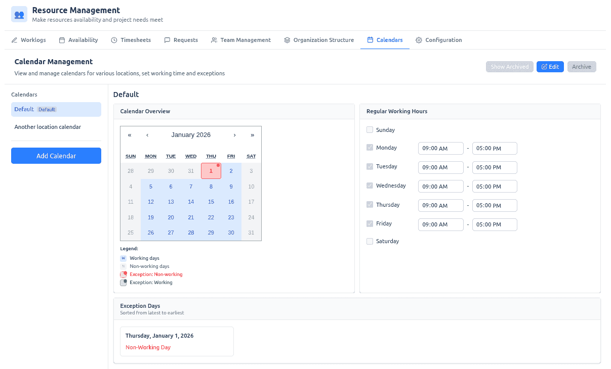 Calendar Management — calendars list and selected calendar