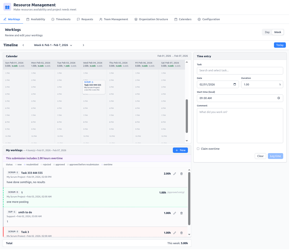 Worklogs — calendar and My worklogs