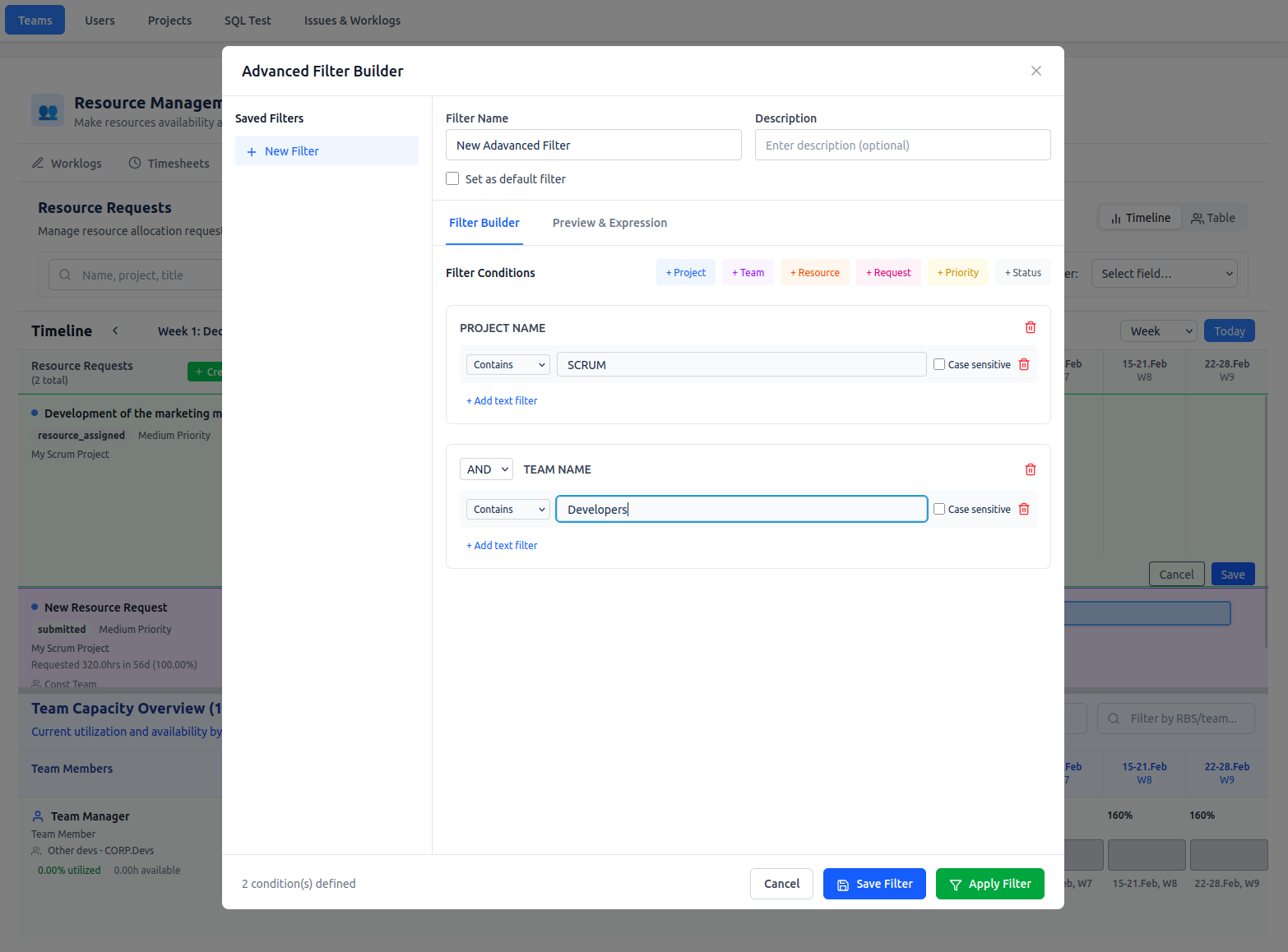 Advanced filter builder with AND/OR logic and saved filters for large portfolios