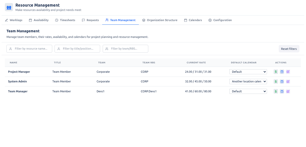 Team Manager view for rates, calendars, and availability per team member