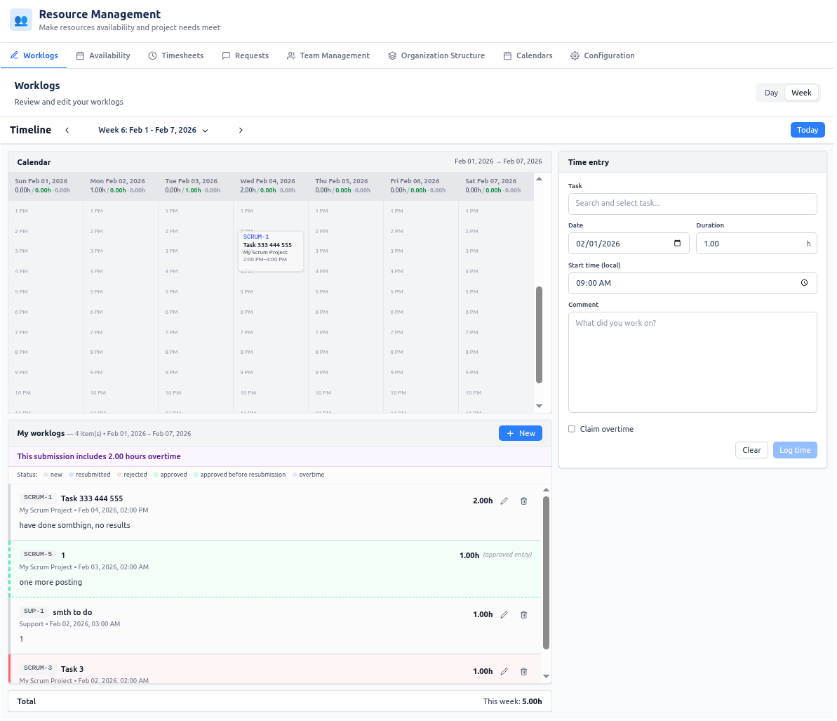 Worklogs — calendar and My worklogs