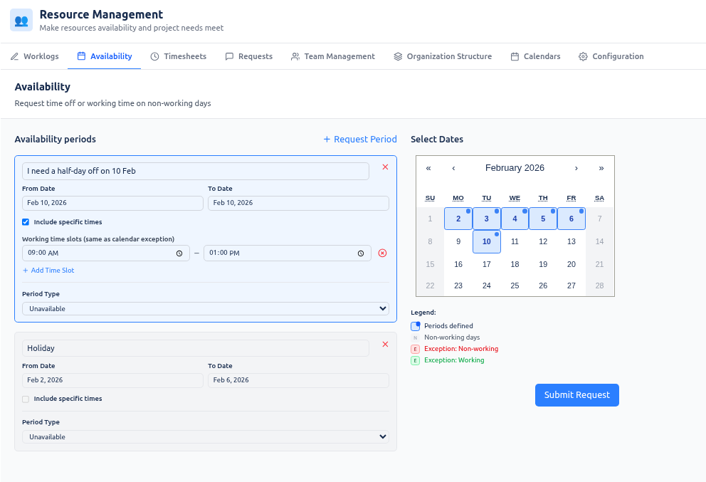 Availability self-service — request and calendar